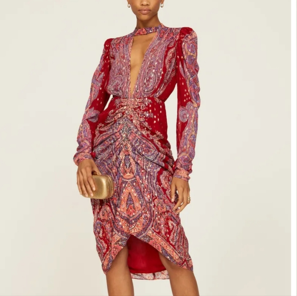 Rococo Sand Nott Printed Metallic Plunge Mini Dress Puff Sleeve - Picture 10 of 10